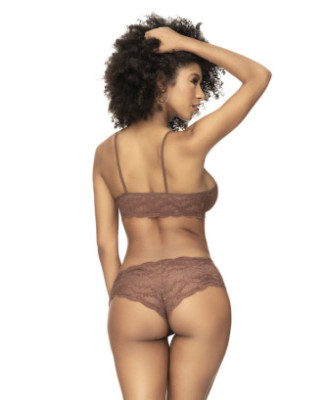Ensemble 2 pièces, top et tanga en dentelle couleur cacao 